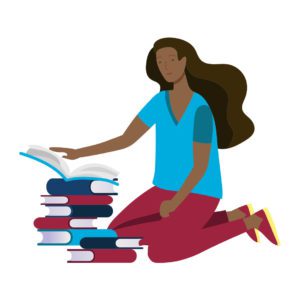 girl reading stack of books