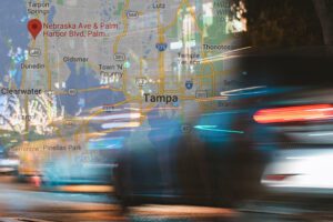 Map of Tampa with image of traffic on busy road